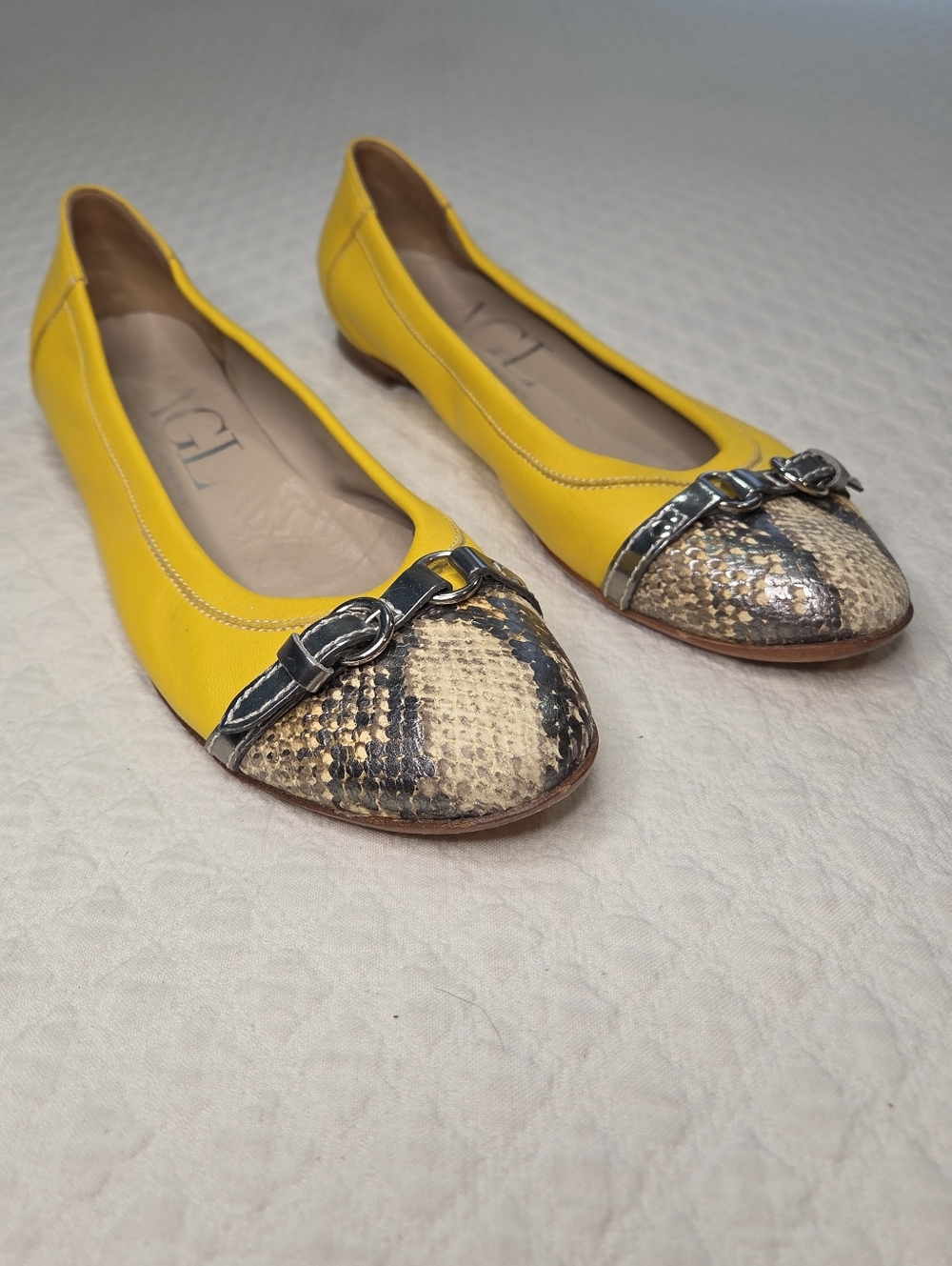 AGL Yellow Monika Ballet Flats Size 41/11 Snake Print Cap Toe Buckle Detail